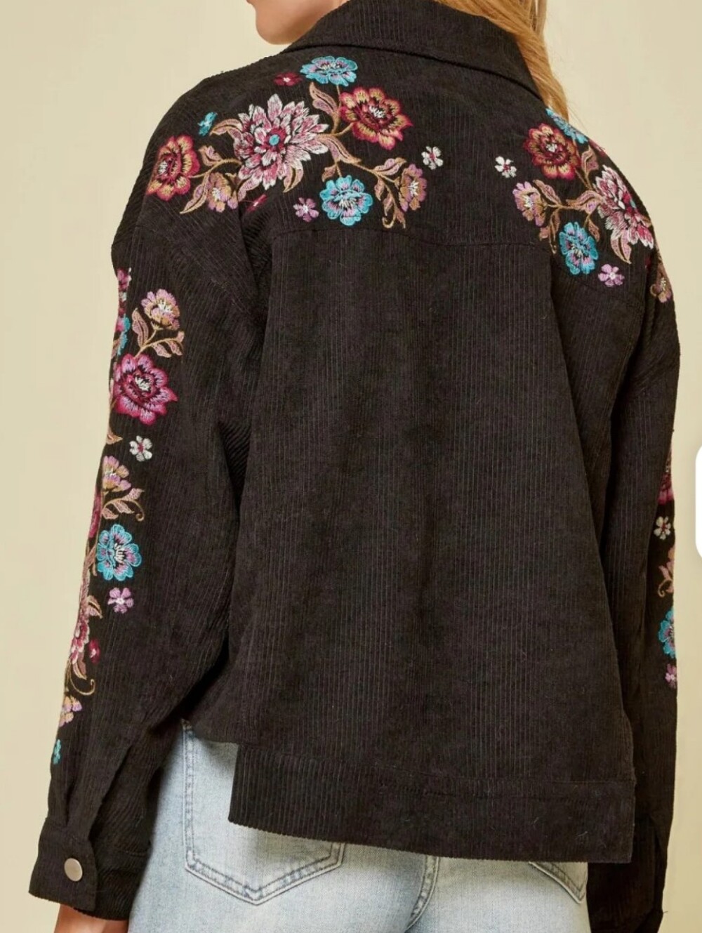 Sincerely Jules Black Corduroy Country Jacket Embroidered Floral Sleeves Back M - Picture 2 of 10